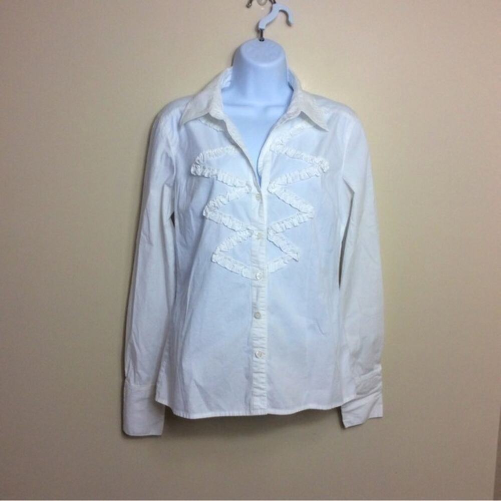 Michael Kors white stretch cotton Vneck ruffle button down blouse